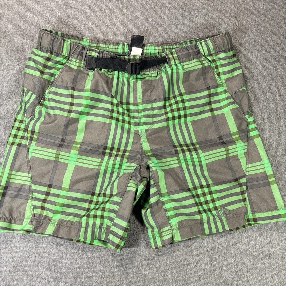 North‎ Face Shorts Mens Medium Green Gray Plaid Belted Quick Dry Outdoor Swim
